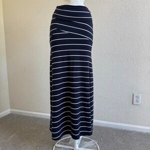 Navy blue and white horizontal striped maxi skirt w/ foldable waistband
